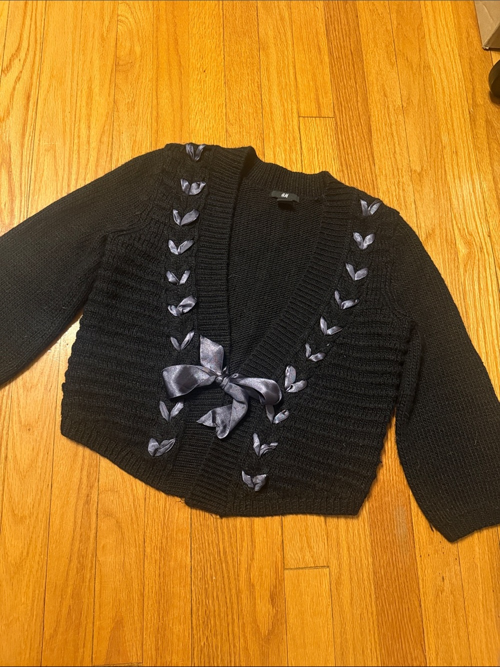 H&M Black Cropped Knit Cardigan with Satin Bow Accents